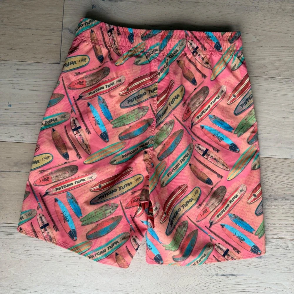 Psycho Tuna Boys Surfboard Print Swim Trunks Coral Pink Size L 14-16
